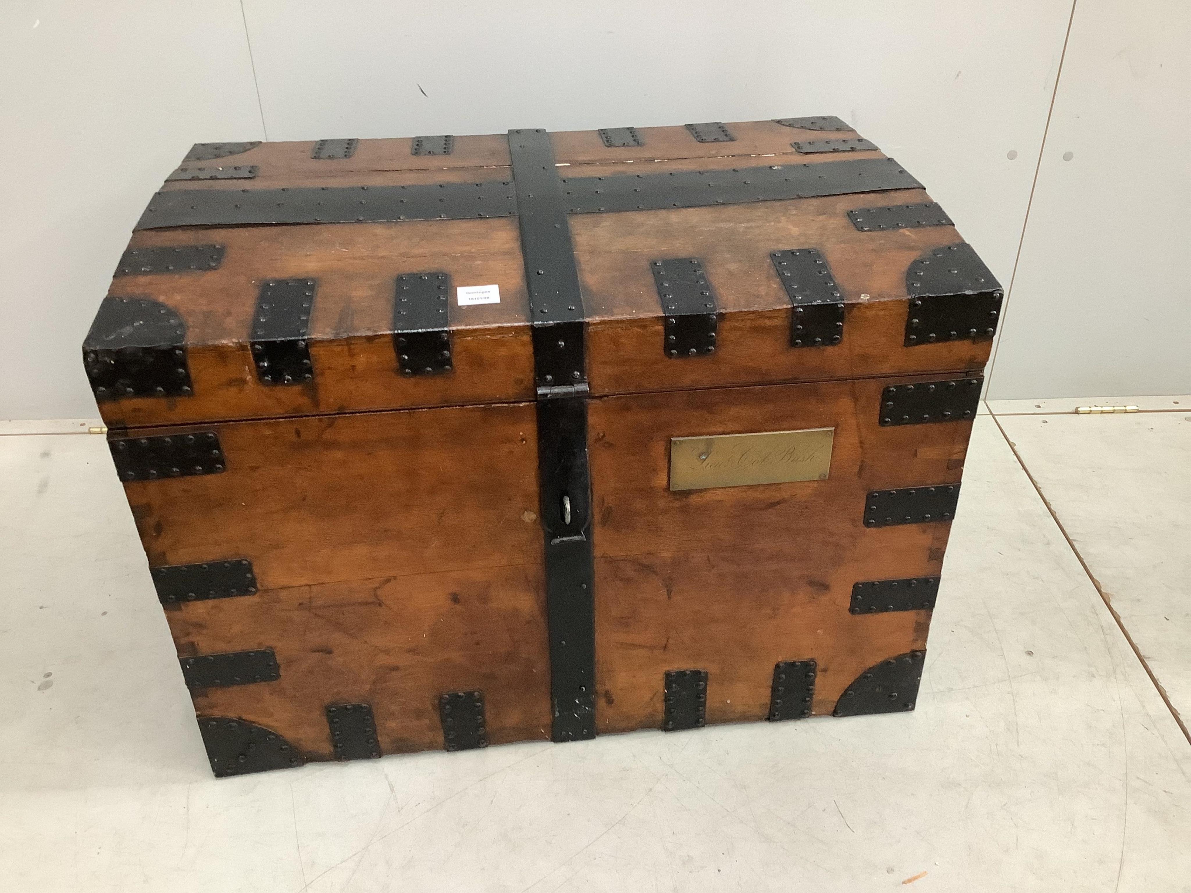 A Victorian oak and iron bound silver chest, brass plaque engraved Lieut. Col. Bush, width 86cm, depth 55cm, height 60cm
